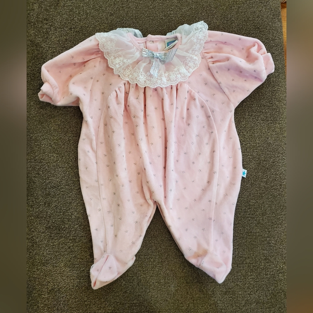 Little Me Pink Baby Footie with Lace Collar Sz 9 Months